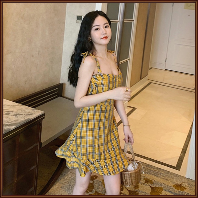 Đầm Dáng Ôm Họa Tiết Kẻ Sọc Màu Vàng Thời Trang Mùa Hè Cho Nữ