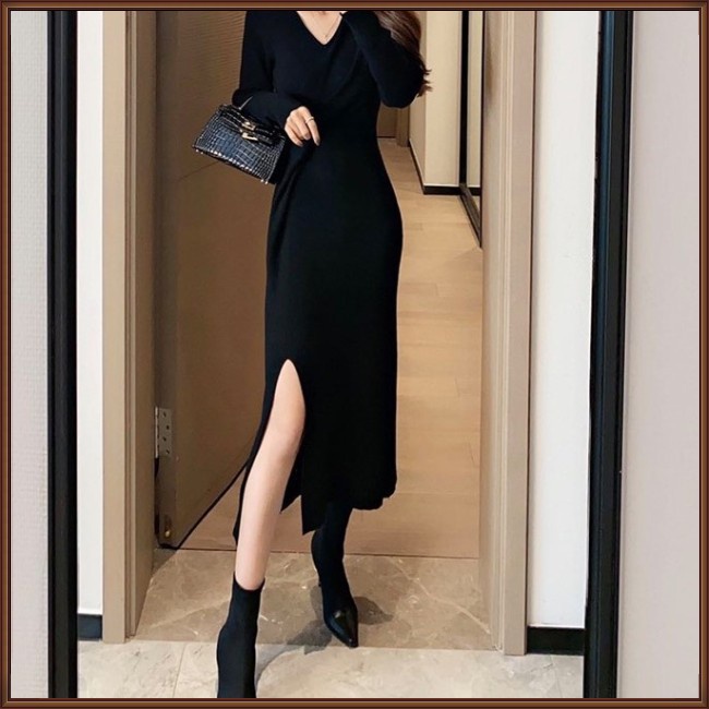 Đầm Dệt Kim Tay Dài Cổ Chữ V Xẻ Tà Màu Sắc Đơn Giản Phong Cách Retro Dành Cho Nữ
