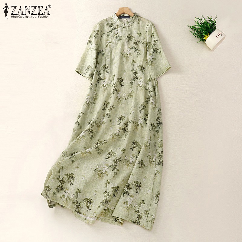 Đầm midi ZANZEA nữ dài tay cổ đứng thời trang Hàn