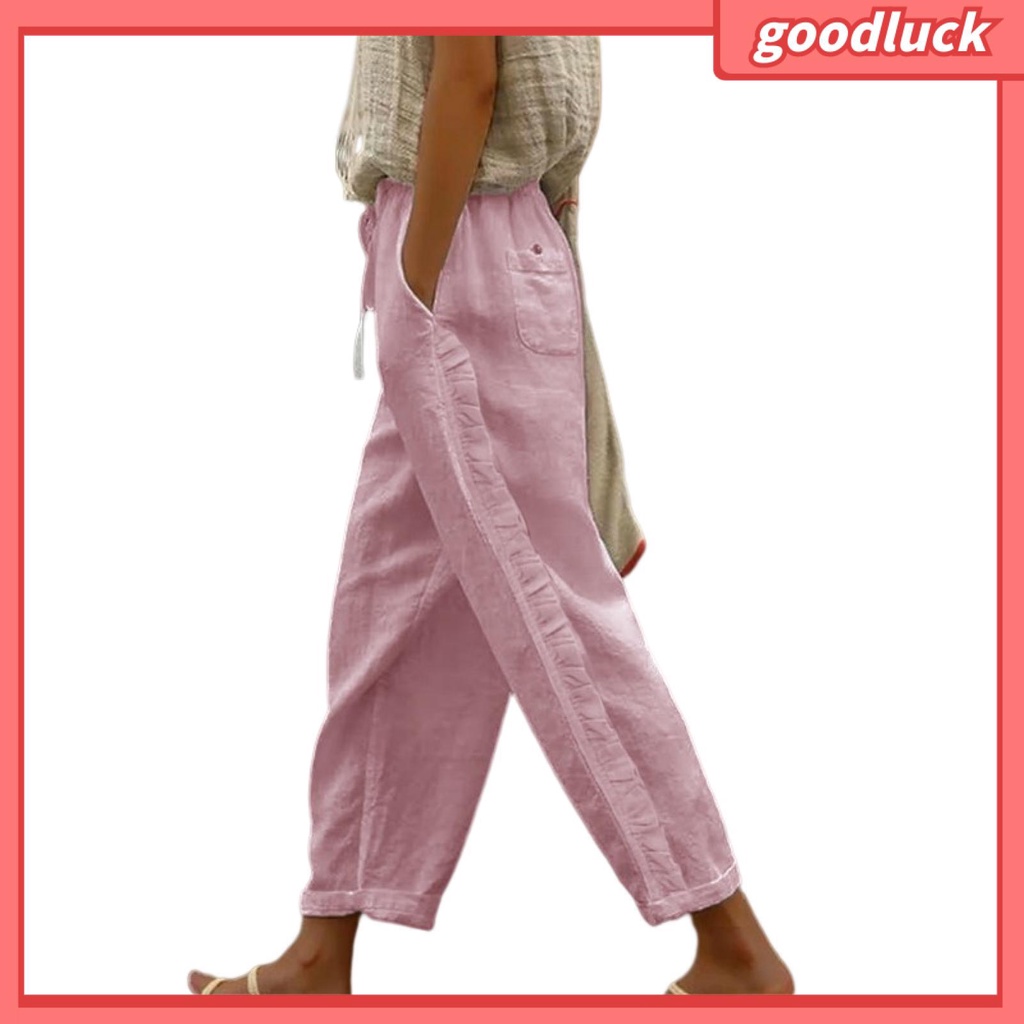 [ULK] Quần Dài Dây Rút Co Giãn Phối Viền Bèo Bên Hông Màu Trơn Thời Trang Đường Phố Mùa Hè Cho Nữ