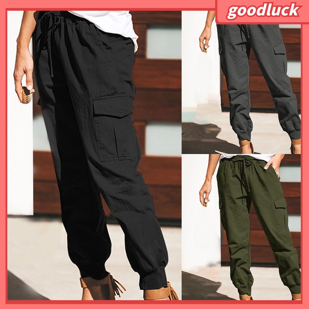 Quần Dài Lưng Thun Phối Dây Rút Nhiều Túi Phong Cách Đường Phố Cá Tính Cho Nữ