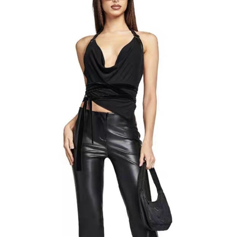 Áo Croptop Sát Nách Hở Lưng Cổ Chữ V Màu Trơn Cột Nơ Xinh Xắn Thời Trang Cho Nữ