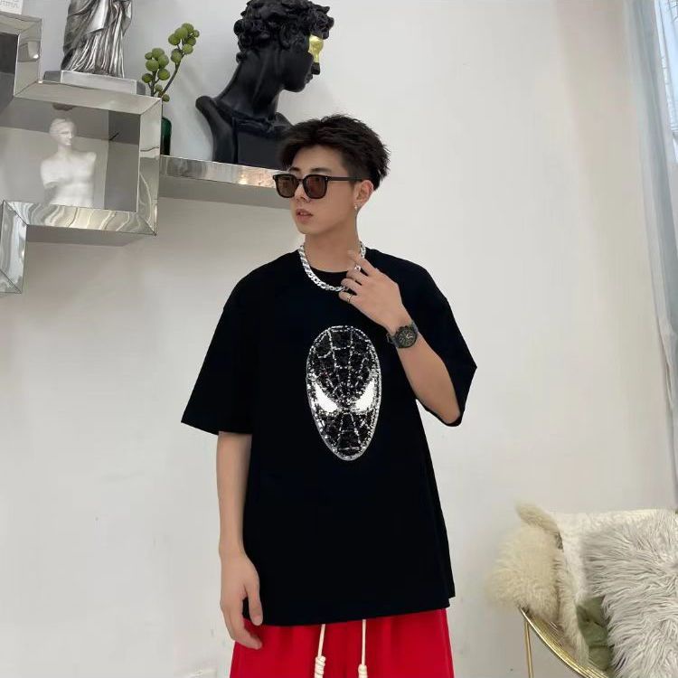 Áo Thun Cotton Đính Kim Sa Thêu Mặt Người Nhện 300g Màu Đen Đỏ