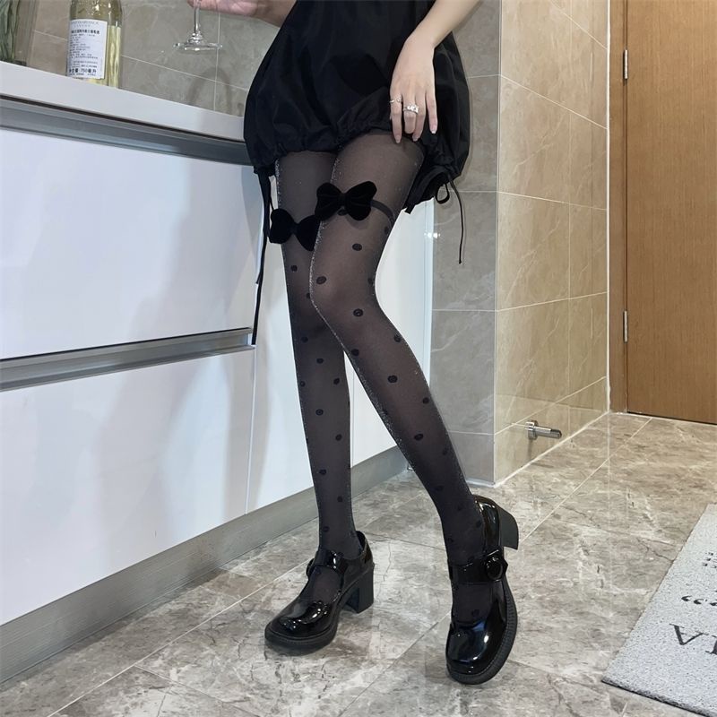 [F &amp; X] Quần Tất Lụa Jacquard Mỏng Đính Nơ Họa Tiết Chấm Bi Đen / Bạc Quyến Rũ Phong Cách Mùa Hè Y2k Nóng Bỏng Cho Nữ