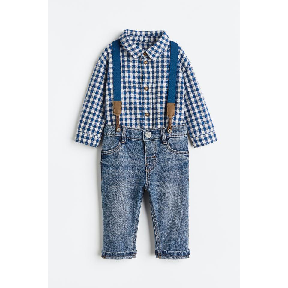 Bộ sơ mi và quần jean đai đeo HM US 6-9m đến 2-3y
