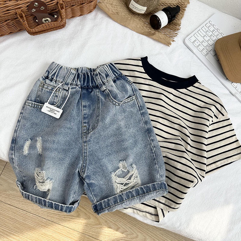 Quần Short Denim Rách Dáng Rộng Thoải Mái Thời Trang Mùa Hè Phong Cách Hàn Quốc Cho Bé Trai