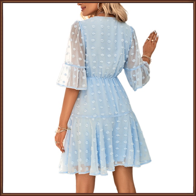 Đầm Tay Ngắn Cổ Chữ V Màu Trơn Thời Trang Mùa Hè Dễ Thương Cho Nữ