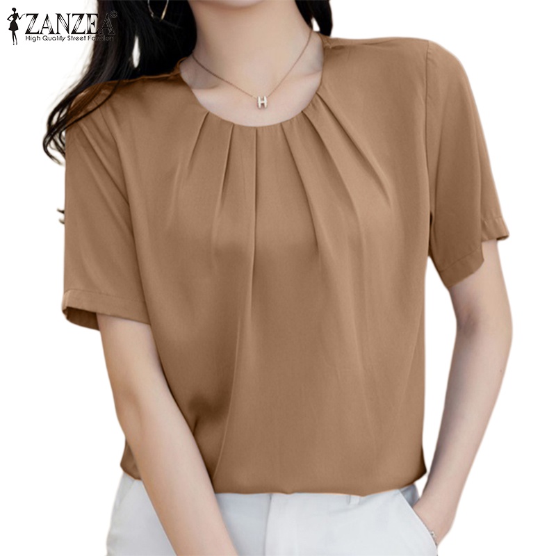 Áo kiểu ZANZEA vải satin tay ngắn cổ tròn màu trơn phong cách Hàn Quốc thời trang cho nữ