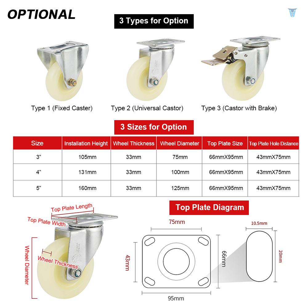 Bánh Xe Lăn Bằng Nylon Chịu Tải Nặng 220 Lbs 5 Inch Không Gây Tiếng Ồn Kèm Phanh