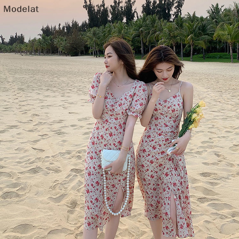 Đầm Midi In Hoa Cổ Chữ V Thanh Lịch Thời Trang Đi Biển Mùa Hè Cho Bạn Gái