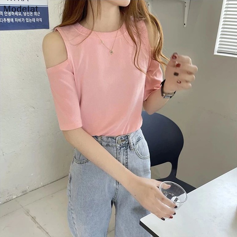 Áo Thun Tay Ngắn Cổ Tròn Hở Vai Màu Trơn Thời Trang Mùa Hè Cho Nữ