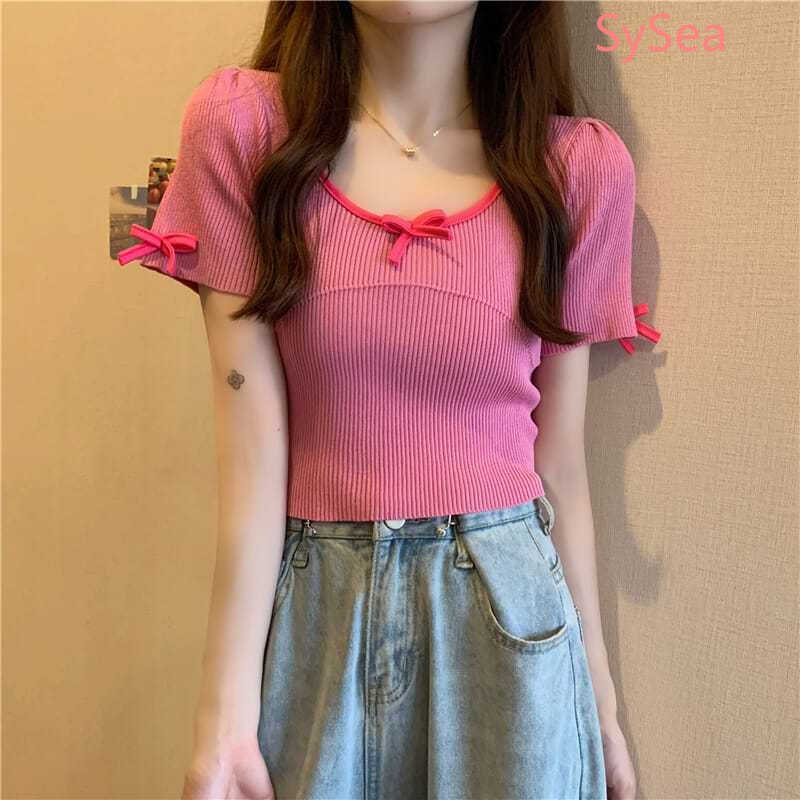 Áo Dệt Kim Ngắn Tay Phối Nơ Xinh Xắn Theo Phong Cách Hàn Quốc Dành Cho Nữ