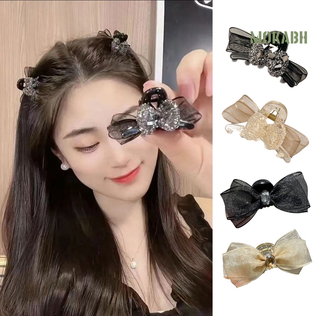 [Mok Abh] Kẹp Tóc Hình Nơ Hai Mặt Đính Đá Chống Trượt Co Giãn Dành Cho Nữ