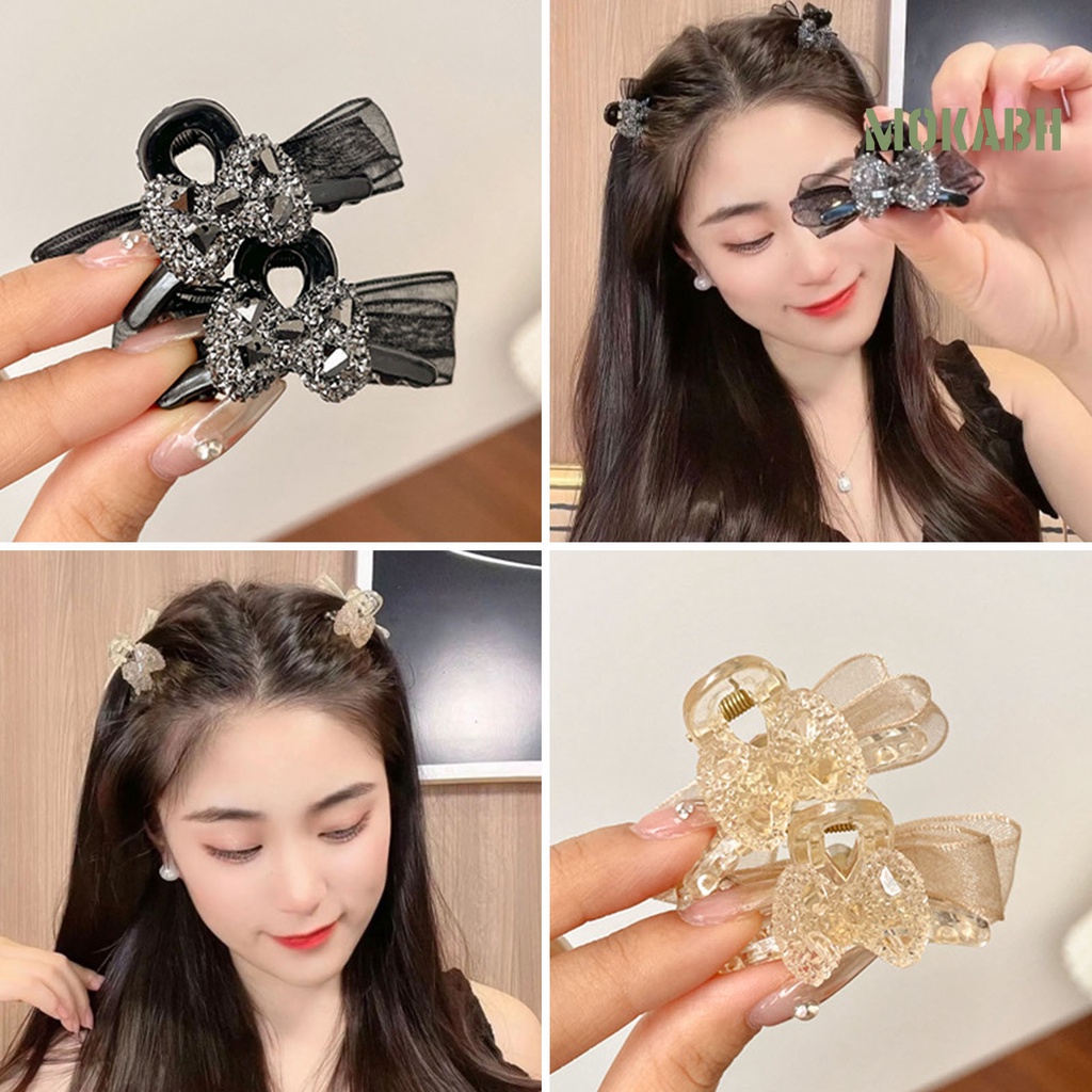 [Mok Abh] Kẹp Tóc Hình Nơ Hai Mặt Đính Đá Chống Trượt Co Giãn Dành Cho Nữ