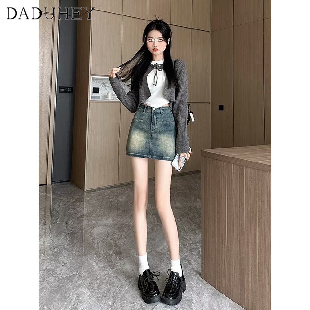 Chân váy chữ A DADUHEY vải denim lưng cao phối màu vàng đất phong cách đường phố Hàn Quốc cổ điển