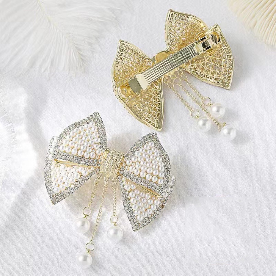 Kẹp Tóc Nơ Kim Loại Đính Đá &amp; Ngọc Trai Toàn Diện Thanh Lịch Cho Nữ