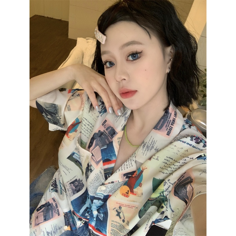 Áo Sơ Mi Nữ Ngắn Tay In Họa Tiết vintage Thời Trang
