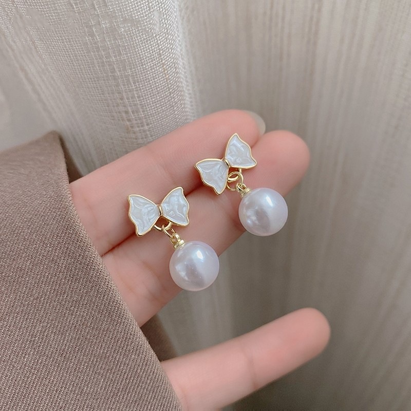 Bông Tai Mạ Bạc 925 Hình Nơ Đính Ngọc Trai Thời Trang Mới 2023