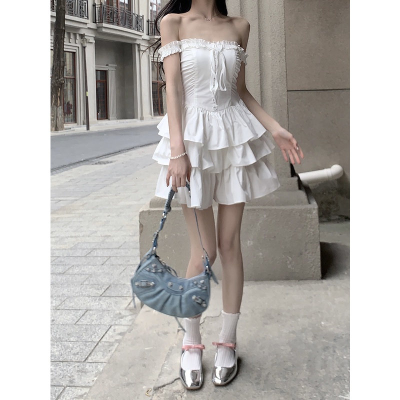 「Nonfatgirl」Pure Desire Đầm Ngắn Dáng Ôm Ngắn Xếp Tầng Xếp Tầng Có Dây Đeo Viền Nấm Ngọt Ngào Thời Trang Mùa Hè Cho Nữ