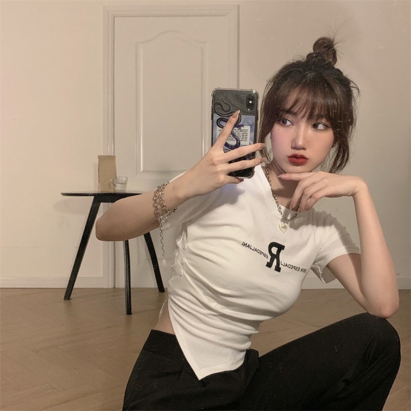 Jiashucheng Áo Thun Ngắn Tay Xếp Ly Thiết Kế Không Đồng Đều In Họa Tiết Thời Trang