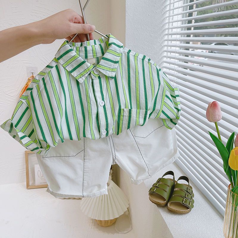Set Áo Sơ Mi Kẻ Sọc Dọc Màu Xanh Lá + Quần Short Dáng Rộng Thời Trang Mới 2023 Cho Bé Trai