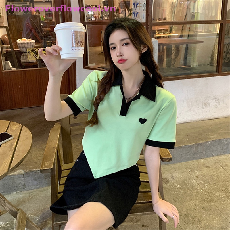 Áo Thun Crop Top Tay Ngắn Màu Sắc Tương Phản Thời Trang Mùa Hè Xinh Xắn Cho Nữ