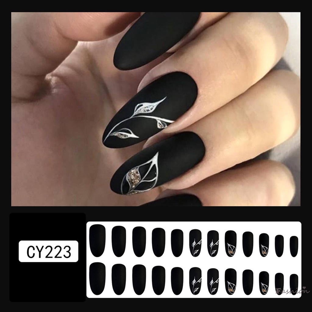 Bộ Móng Tay Giả Màu Đen Họa Tiết Lá Dễ Sử Dụng Tiết Kiệm Thời Gian &amp; Năng Lượng