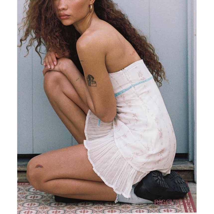 [] - Đầm Mini Y2K Hở Vai Viền Bèo Nhún In Hoa Kiểu Pháp Cổ Điển Dễ Thương