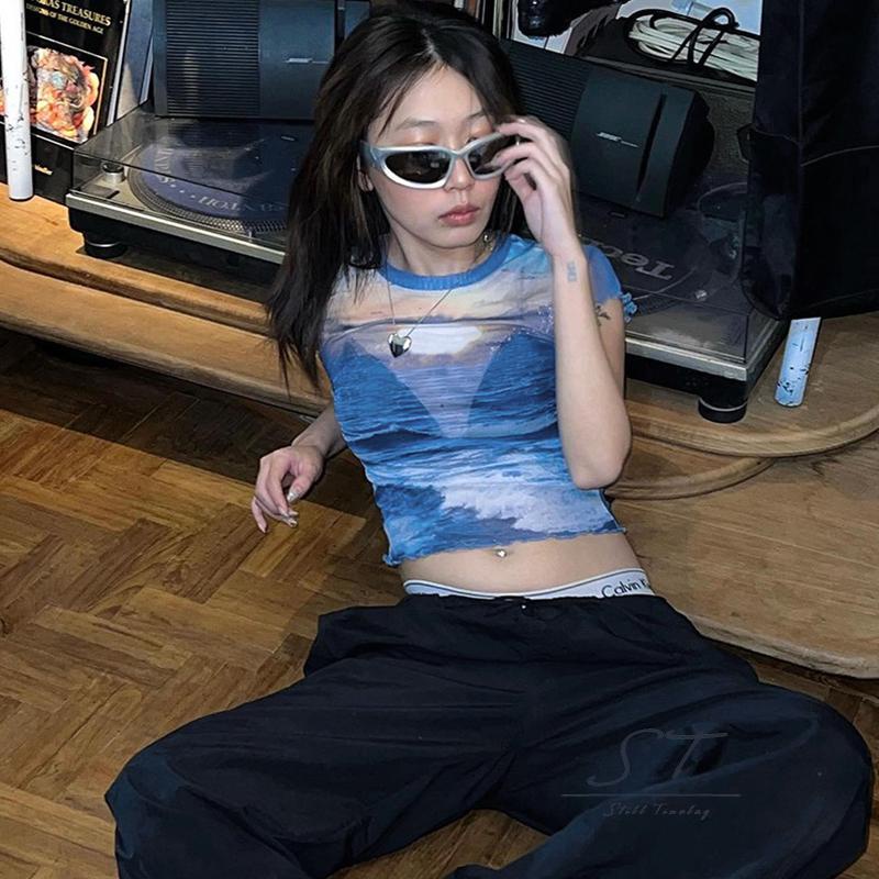 Áo Thun Croptop Tay Ngắn Dáng Ôm In Họa Tiết Thời Trang Mùa Hè Cho Nữ M5