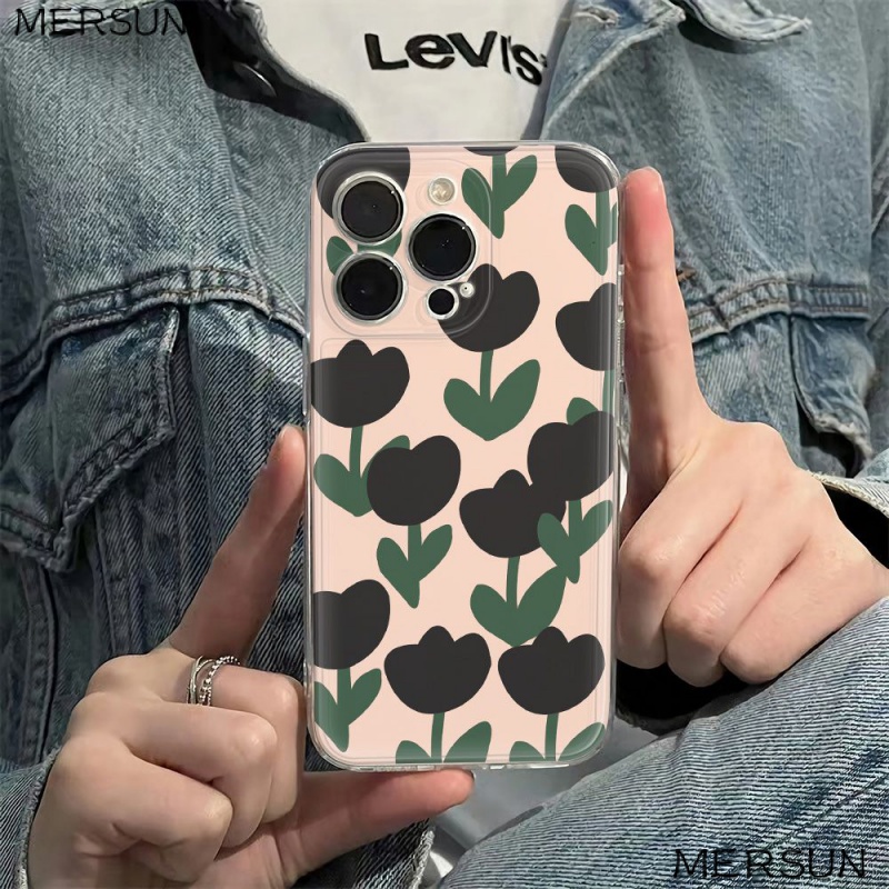 ✅Ốp Điện Thoại Mềm Hình Hoa Tulip Đen Chống Sốc Cho Iphone12 14pro78 13 max11 Plus6In OQGO