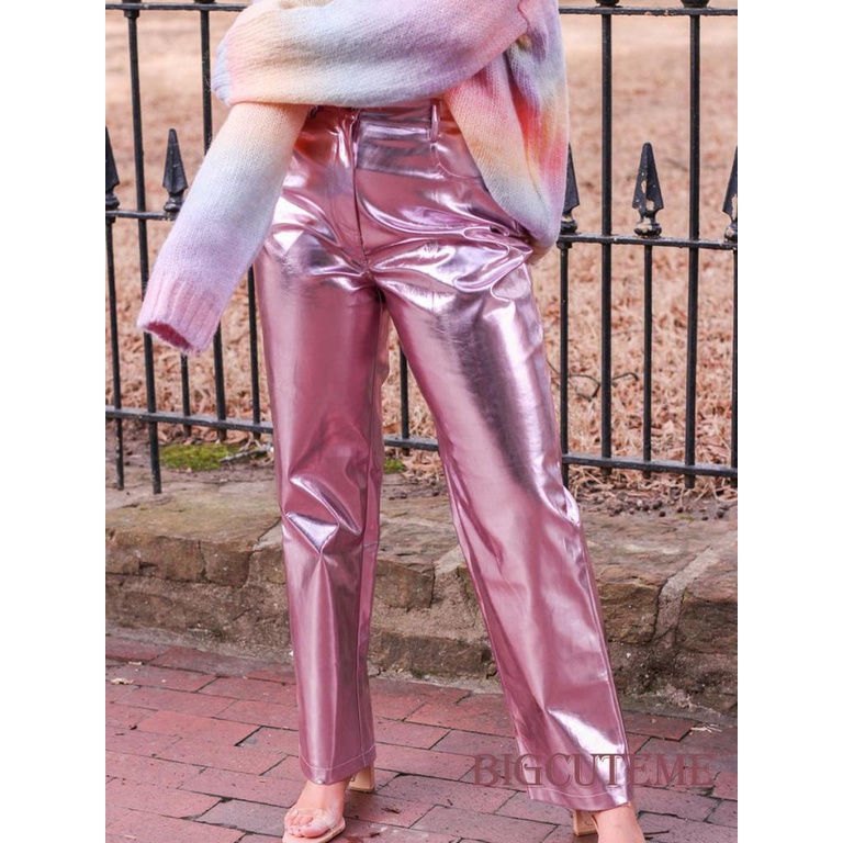 Quần Da PU Có Khóa Kéo Và Nút Kim Loại Phong Cách Đường Phố Cá Tính Cho Nữ