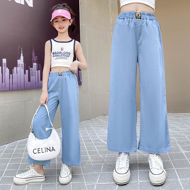 Quần Denim Cotton Lụa Lạnh Mỏng Dáng Suông Rộng 100-160cm Chống Nắng / Chống Muỗi Cho Bé Gái