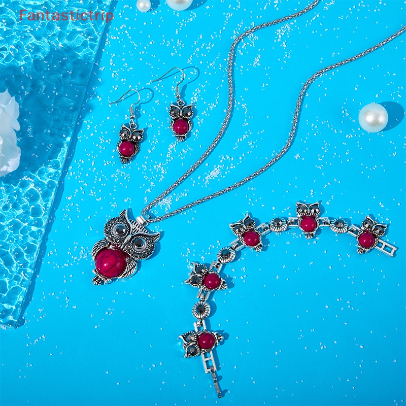 Bộ Trang Sức Vòng cổ / Vòng Tay / Bông Tai Hình Chim Cú Đính Đá Ngọc Lam Phong Cách Vintage Cho Nữ Mới