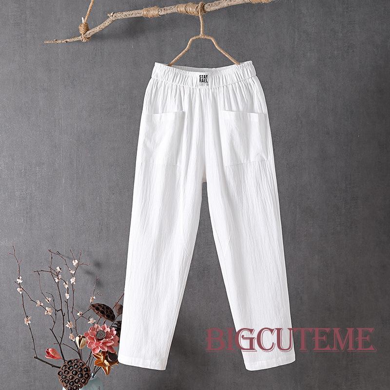 [] Quần Dài Đến Mắt Cá Chân Ống Rộng Vải Lanh Cotton Màu Trơn Lưng Thun Có Túi Dành Cho Nữ