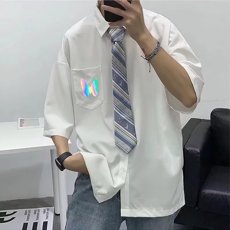 Áo Thun Ngắn Tay Form Rộng Họa Tiết Kẻ Sọc 5 / 7 Điểm Thời Trang Mùa Hè Cho Nam