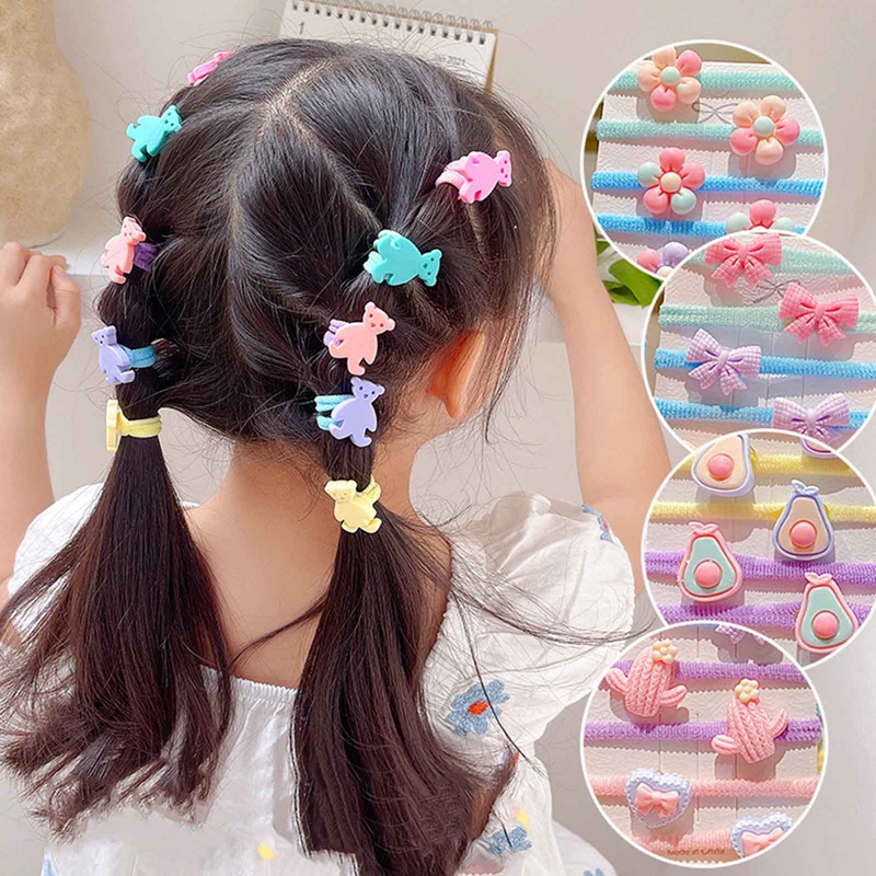 Set 10 Dây Cột Tóc Co Giãn Đính Hoa / Trái Cây Hoạt Hình Dễ Thương Cho Bé Gái