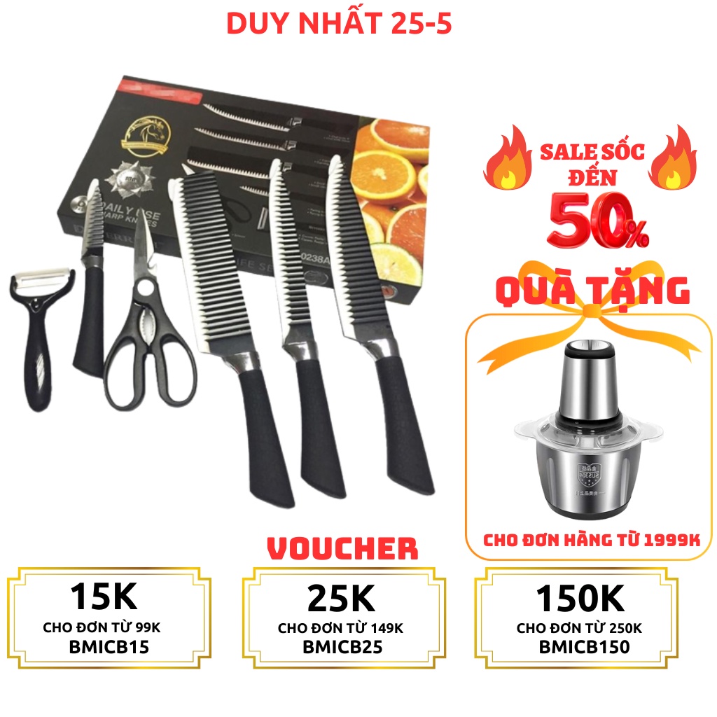 Bộ Dao Kéo Nạo Asakh Nhật 6 Món Làm Bếp, Lưỡi Sóng Crom Cao Cấp Ko Rỉ, Bền Đẹp - Fujika