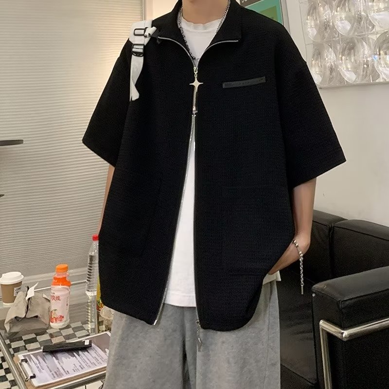 Áo Khoác Tay Ngắn Cổ Đứng Có Khóa Kéo Phong Cách Retro Mỹ Cá Tính Cho Nam Nữ