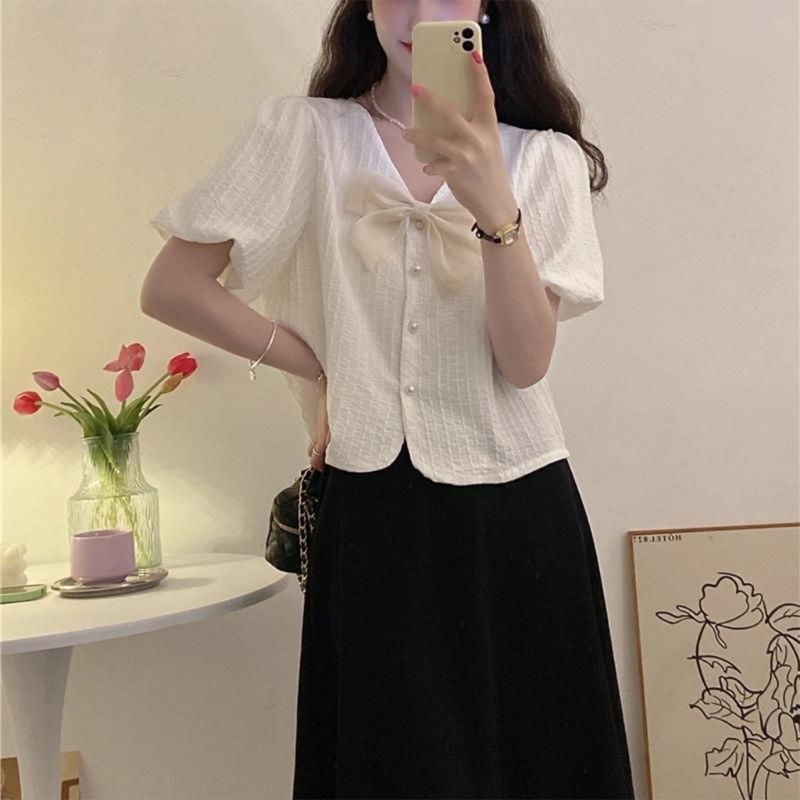 Áo Kiểu Tay Phồng Ngắn Cổ Chữ V Thắt Nơ Phong Cách Pháp Cho Nữ