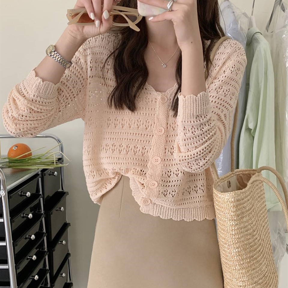 Áo Khoác Cardigan Dệt Kim Mỏng Cổ Chữ V Thời Trang Xuân Hè Hàn Quốc 2023 Cho Nữ