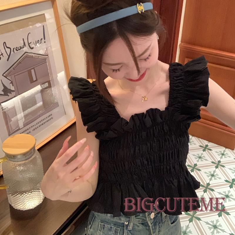 Áo Croptop Cổ Vuông Tay Bay Màu Sắc Trơn Thời Trang Mùa Hè Dành Cho Nữ