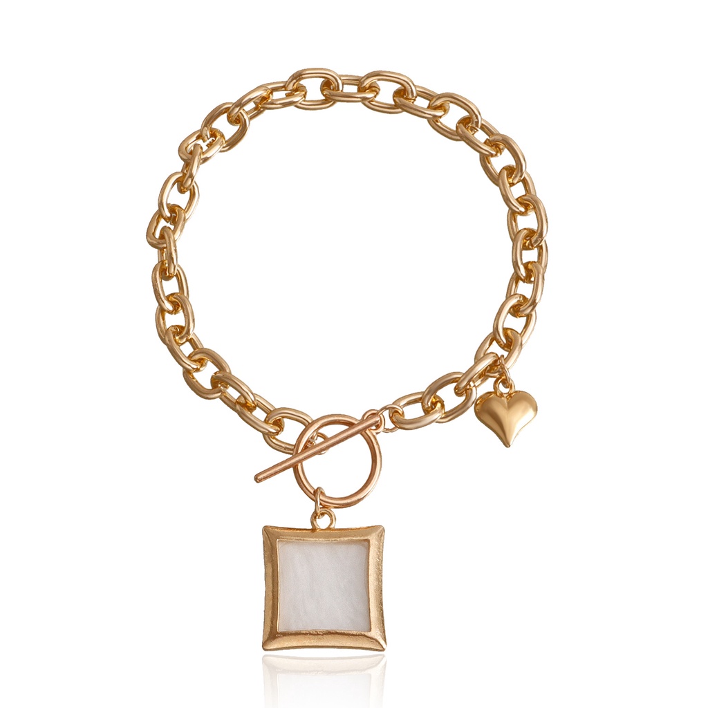 Vòng Tay Dây Xích Dày Mặt Vuông Màu Trắng Khóa Hình Trụ Đơn Giản Trang Trí Hình Trái Tim Dành Cho Bạn Gái Ins