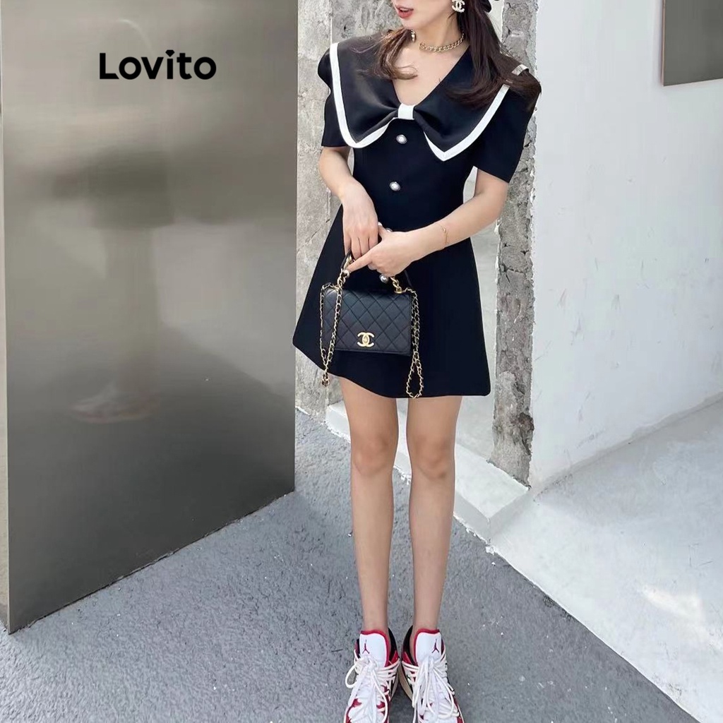 Đầm Lovito tay ngắn phối nơ xinh xắn cho nữ LNE12037 (màu đen)