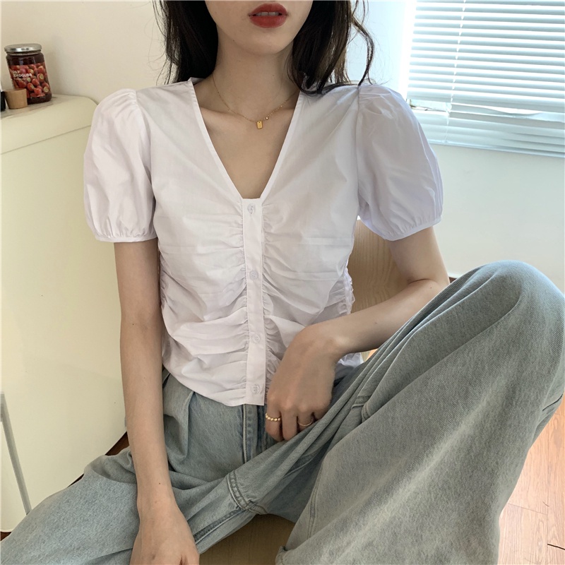 SUXI Áo Kiểu Tay Phồng Cổ Chữ V Màu Sắc Đơn Giản Phong Cách Hàn Quốc