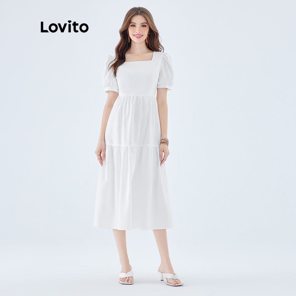 Đầm midi Lovito dáng chữ A tay ngắn thắt nơ sau lưng màu trơn phong cách boho cho nữ L49ED105 (màu trắng)
