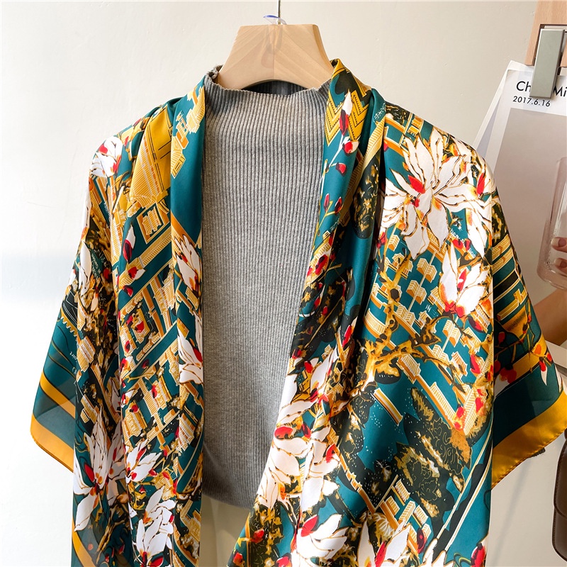 Khăn Choàng Vuông 110cm Vải Satin Họa Tiết Hoa Thời Trang Mùa Hè