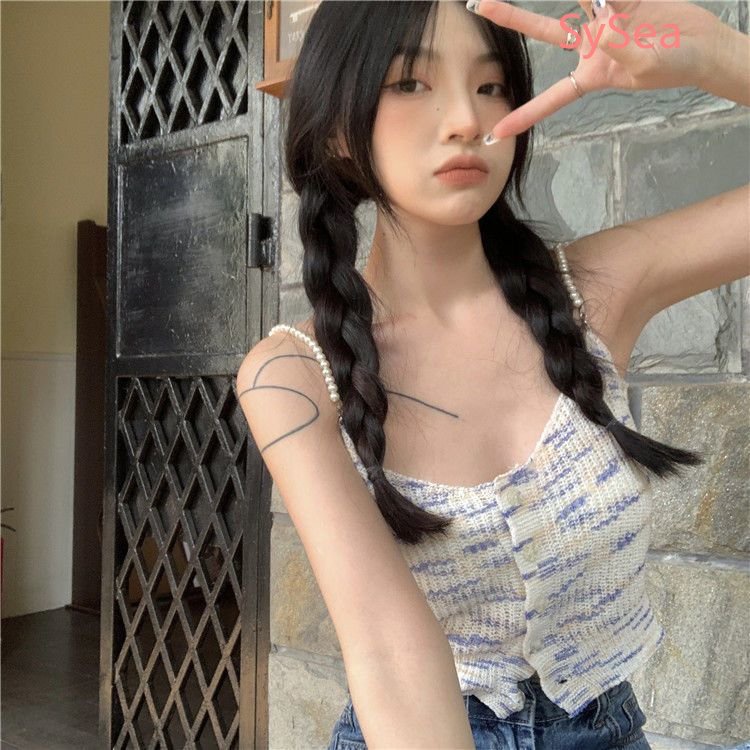 Áo Dệt Kim Hai Dây Ôm Dáng Đính Ngọc Trai Phong Cách Hàn Quốc