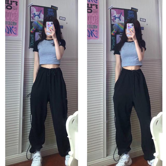 Set Áo Thun Raglan Ngắn Tay + Quần Yếm Màu Nhuộm Phong Cách Đường Phố Mỹ Thời Trang Mùa Hè Cho Nữ