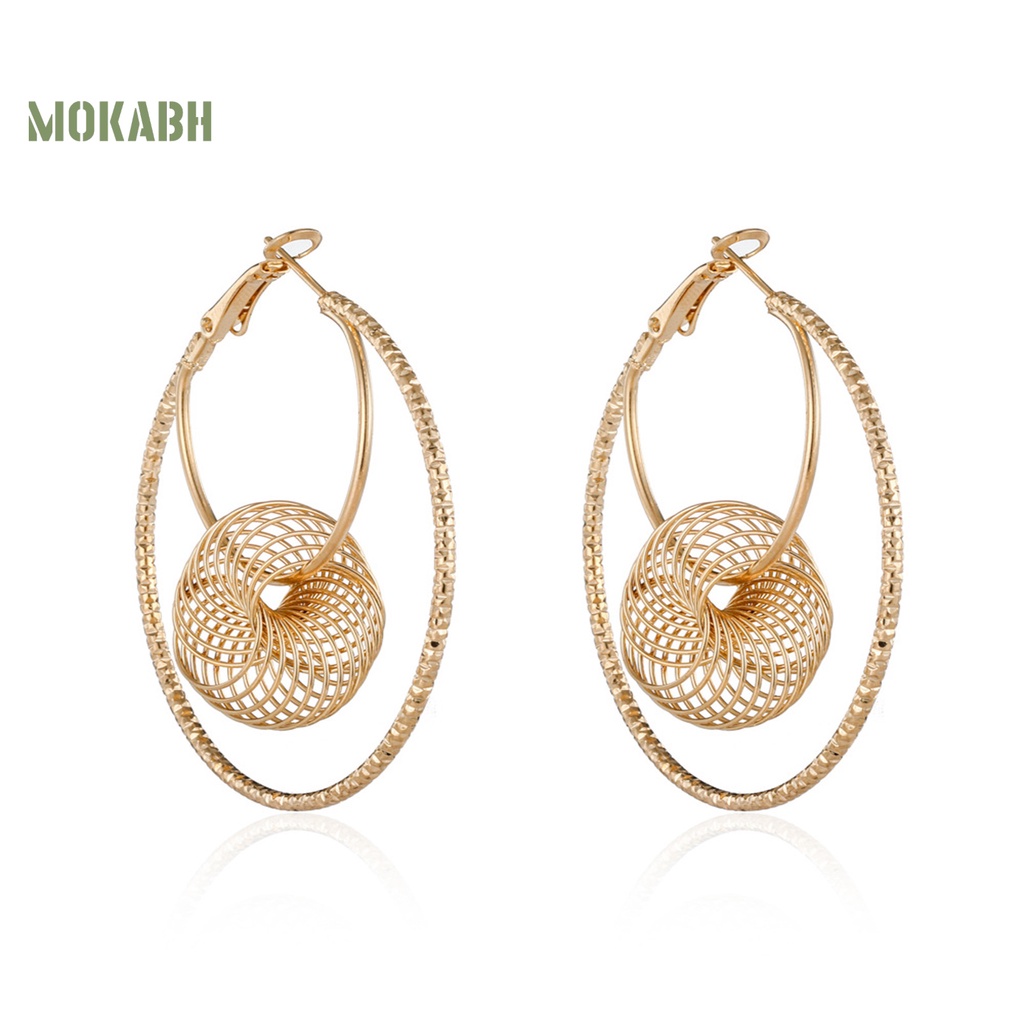 1 Đôi Bông Tai Tròn Hai Lớp Bằng Kim Loại Thời Trang