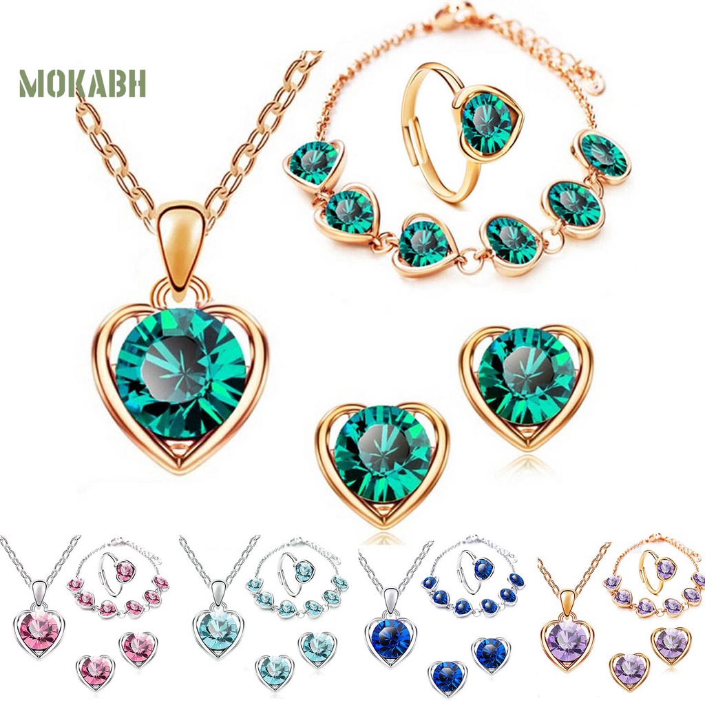 Set 4 Vòng cổ / Nhẫn / Khuyên Tai / Vòng Tay Hình Trái Tim Đính Đá Lấp Lánh Dễ Điều Chỉnh